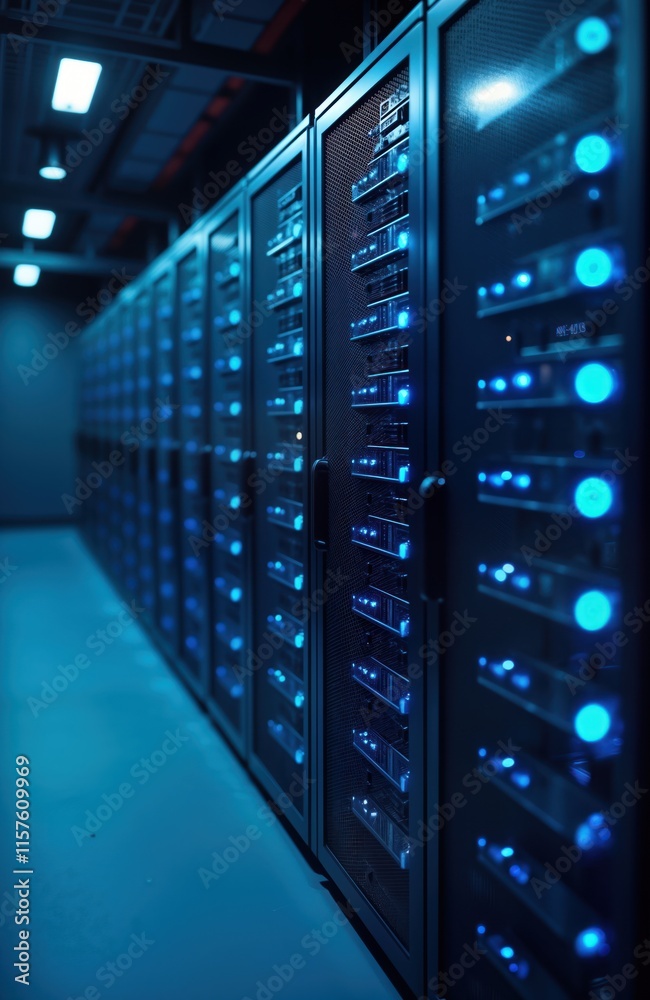 Aufkleber Dark server room filled with many server racks. Blue lights illuminate tech equipment. Modern data center infrastructure. Secure, reliable tech. Powerful computer systems. Storage hardware,