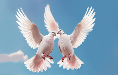 A pair of white doves is a symbol of love and peace in bright sunlight against a blue sky.