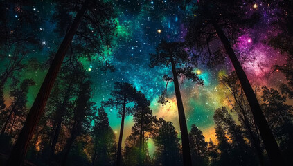surreal cosmic landscapes featuring towering trees 
