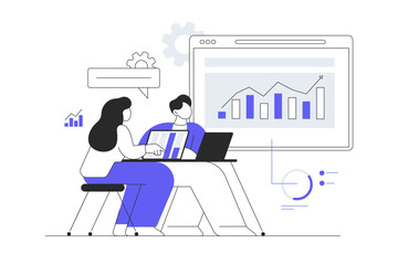 Focus groups Business team discussing and finding new ideas Analysis instruments. Analytic data on dashboard with graphs and charts. Flat Cartoon Vector Illustration, icon. Stylish abstract Blue 