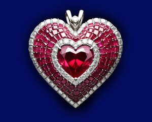 A heart-shaped silver pendant is decorated with red and white stones.

