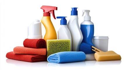 Brightly colored cleaning supplies, including bottles, sponges, and cloths, are arranged for an organized cleaning task in a bright setting