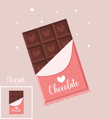 Cute chocolate bar illustration with pink foil. Can be used for logo, Chocolate Day, Valentine's Day.