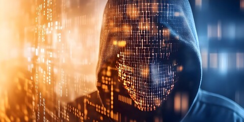 A person in a hood representing a hacker, surrounded by digital data and abstract graphics, suggesting themes of cybersecurity and anonymity. Concept Hacker Representation, Cybersecurity Themes