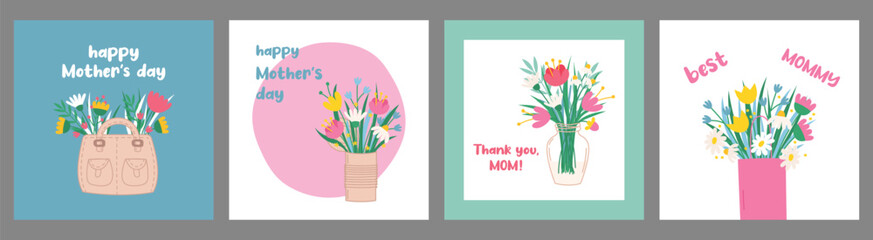 Set of greeting cards for Mother's Day with beautiful blooming flowers, bouquets. Vector illustration with inscriptions © Olena