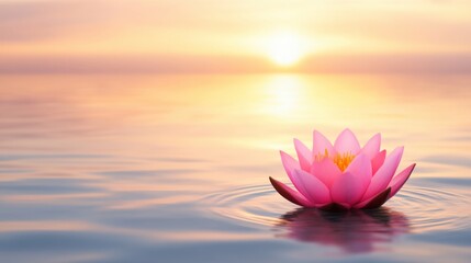 Serene Pink Lotus Flower Floating on Calm Water at Sunrise