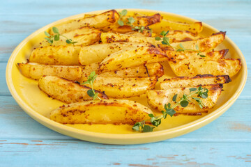 Oven baked potato wedges served with fresh thyme on ceramic platter.