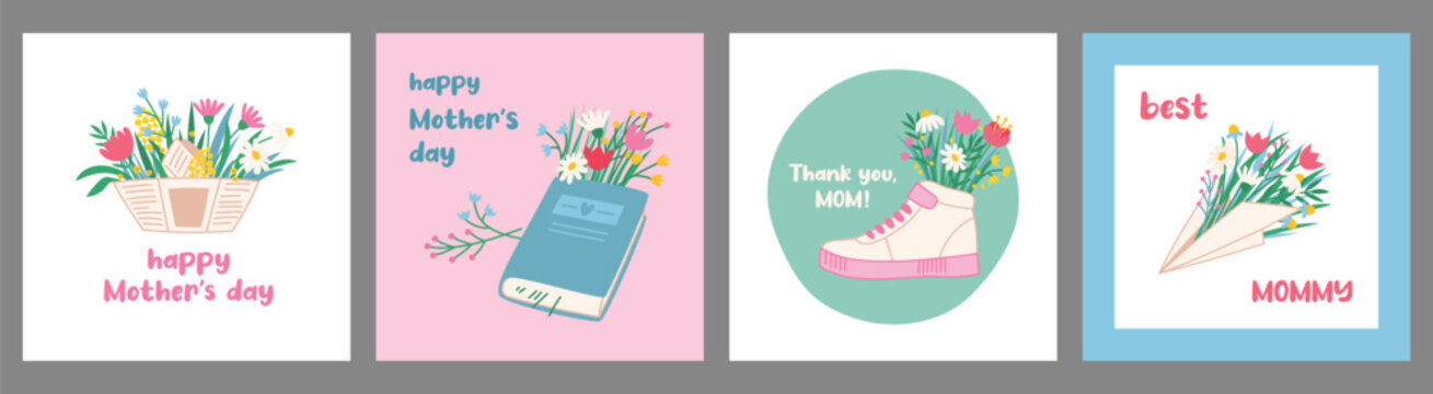 Fototapeta Set of Mother's Day greeting cards with beautiful blooming flowers, bouquets and inscriptions. Vector illustration