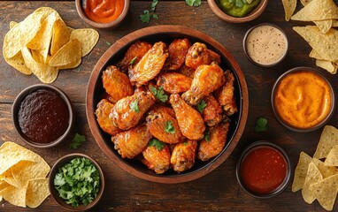 A bowl of spicy chicken wings surrounded by dipping sauces and chips, perfect for a game-day party spread