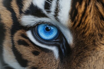 Majestic tiger with striking blue eyes gazes intensely in natural habitat during twilight hours