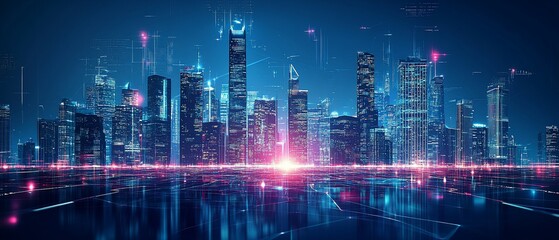 Futuristic city skyline at night with digital data streams.