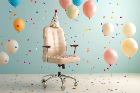 Festive office chair adorned with party hat surrounded by colorf