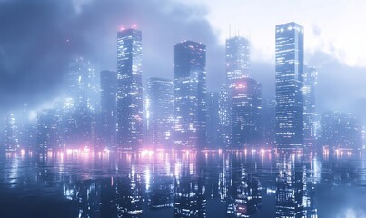 Fototapeta premium Futuristic city skyline reflected in water at night. (2)