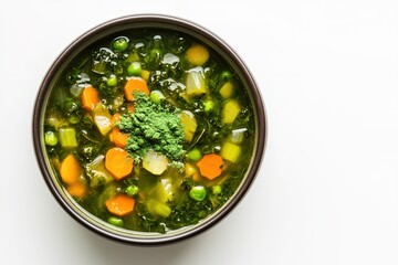 Fresh vegetable soup with vibrant greens and colorful carrots, t