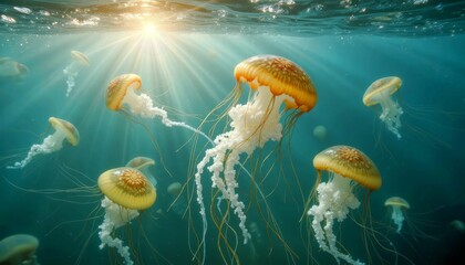 Golden Jellyfish Migration in Sunlit Underwater Scene