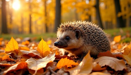 Cute Hedgehog in Autumn Leaves During Golden Hour