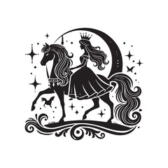 Black Color Princess with horse silhouette design Vector Illustration, Solid White Background 4.eps