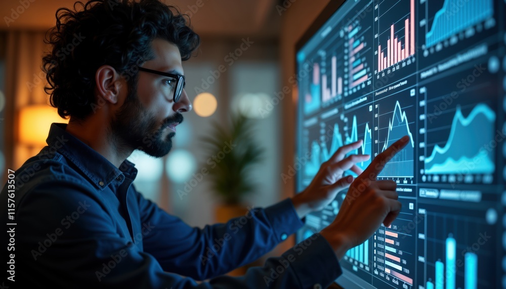 Poster man examines digital dashboard showing various charts, graphs. analyzes key performance indicators k