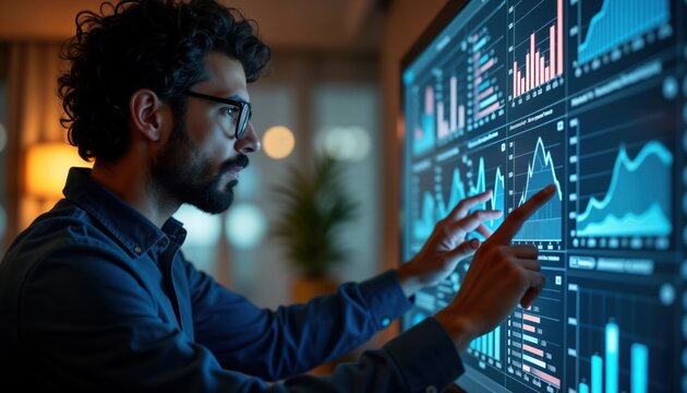 Man examines digital dashboard showing various charts, graphs. Analyzes key performance indicators KPIs, data analytics of digital marketing campaign. Interactive screen shows trend data, marketing