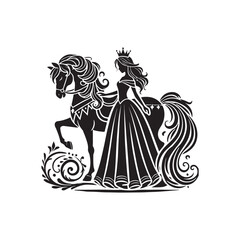 Black Color Princess with horse silhouette design Vector Illustration, Solid White Background 8.eps