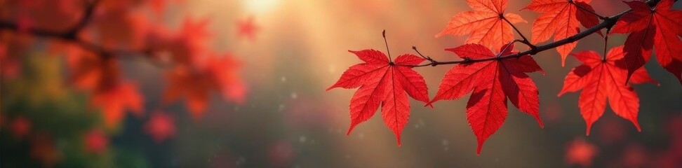 Vibrant red maple leaves scattered on a bare branch, suspended in mid-air , fall, autumn