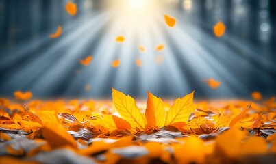 Golden autumn leaves falling in sunlit forest.