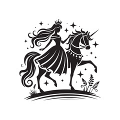 Black Color Princess with horse silhouette design Vector Illustration, Solid White Background 11.eps