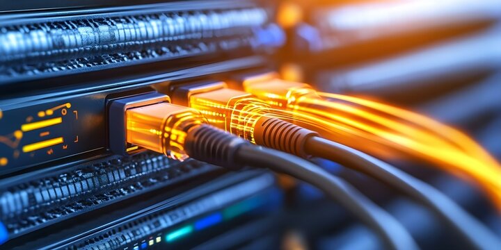 A close-up of network cables connected to a server, with glowing lights indicating data transmission. Concept Network Infrastructure, Close-Up Photography, Data Transmission, Server Technology