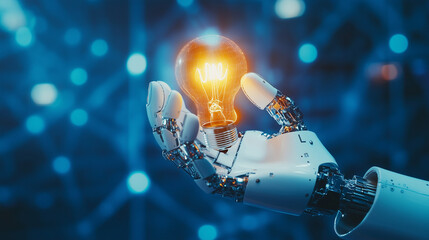 Robot Hand Holding Glowing Light Bulb Symbolizing Innovation Technology and Future Ideas on Blue Background
