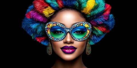 Fototapeta premium A stylish individual with a vibrant, colorful hairstyle, wearing oversized decorative sunglasses and bold makeup, set against a black background. Concept Vibrant Hairstyle, Oversized Sunglasses
