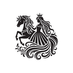 Black Color Princess with horse silhouette design Vector Illustration, Solid White Background 14.eps