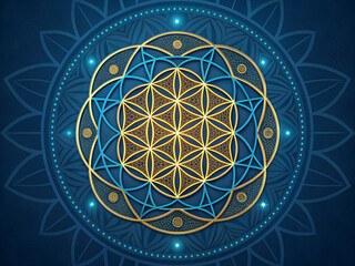Intricate mandala with golden and blue geometric patterns