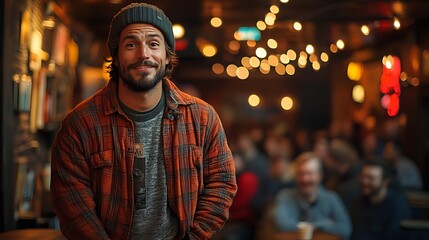 Obraz premium Smiling man in beanie and plaid shirt at a bar.