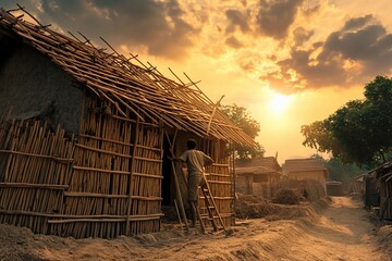 Crafting a home at sunset in a picturesque rural village landscape