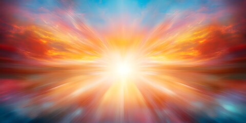 Obraz premium A vibrant and colorful explosion of light and colors, resembling a sunrise or cosmic event in a stylized artistic depiction. Concept Vibrant Color Explosion, Artistic Sunrise, Cosmic Event Aesthetic