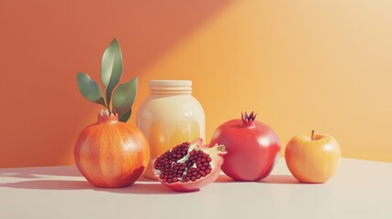 Vibrant Fruits Still Life: Pomegranate, Apple and a Touch of Nature