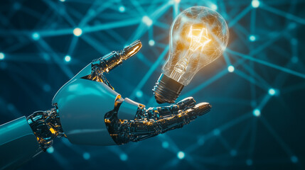 Robot Hand Holding Glowing Light Bulb Symbolizing Innovation Technology and Future Ideas on Blue Background