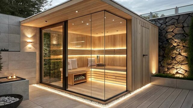 Warm lighting illuminates a stylish, glass enclosed sauna nestled in a contemporary garden design, creating a tranquil and inviting atmosphere for relaxation and wellness