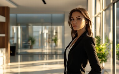 Obraz premium A confident businesswoman with sleek hair, wearing a tailored black blazer, standing in a modern office space with clean lines and large glass windows