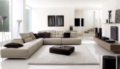 Fototapeta premium Modern Beige Sectional Sofa in Minimalist Living Room Interior