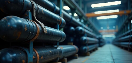 Dark blue steel pipes stacked in warehouse. Many pipes stacked in rack. Storage of industrial materials in factory manufacturing facility. Focus on pipes with blurred background of factory