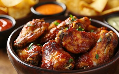 Fototapeta premium A bowl of spicy chicken wings surrounded by dipping sauces and chips, perfect for a game-day party spread