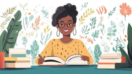 A happy teacher sitting at their desk with open books, teaching students in a lively classroom setting