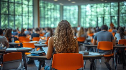 Photograph of a back view of a female student sitting in a university classroom filled with students, studying at tables with books on them