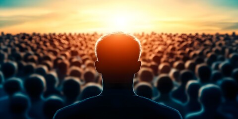 Obraz premium A person stands facing a large crowd at sunset, with the sun illuminating the scene dramatically. Concept Dramatic Sunset Lighting, Inspiring Public Speech, Crowd Engagement, Emotional Atmosphere