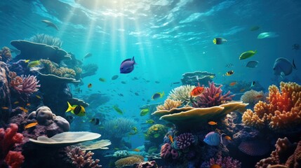 Fototapeta premium Underwater Coral Reef with Tropical Fish and Sunbeams