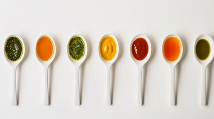 Colorful Array of Culinary Delights: Various Sauces and Condiments in Elegant Spoons