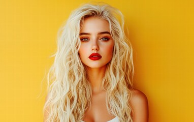 Stunning blonde woman with long curls and bold red lipstick, against a pastel yellow background