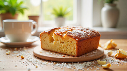 Freshly baked sponge cake with cashew nuts and coffee on rustic kitchen table