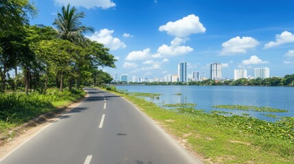Naklejka premium Serene Lakeside Road with Scenic Urban Skyline and Lush Greenery